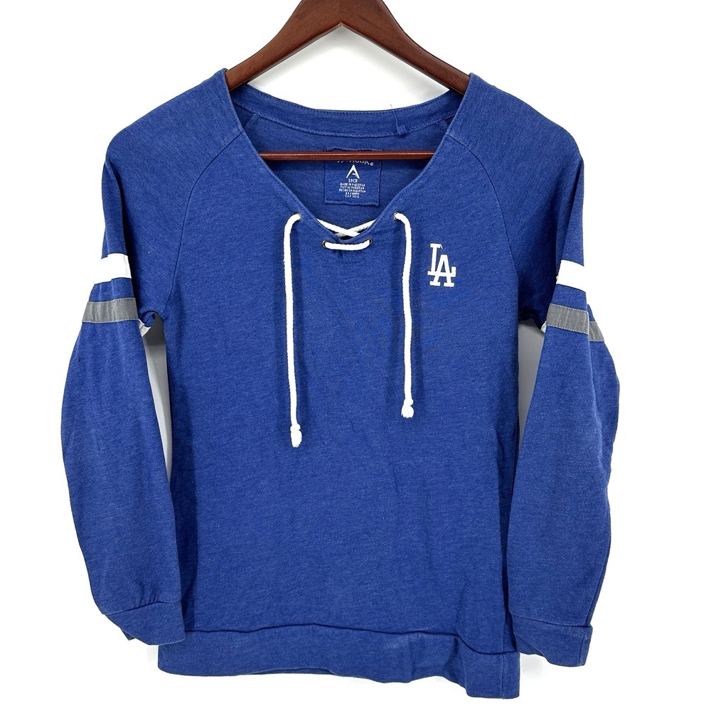 Los Angeles Dodgers V Neck Lace Up Pullover Women's S Blue Antigua